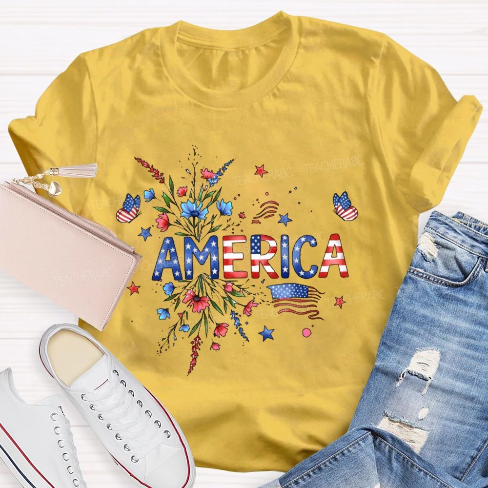 America Stars Flowers Letters Teacher T-shirt