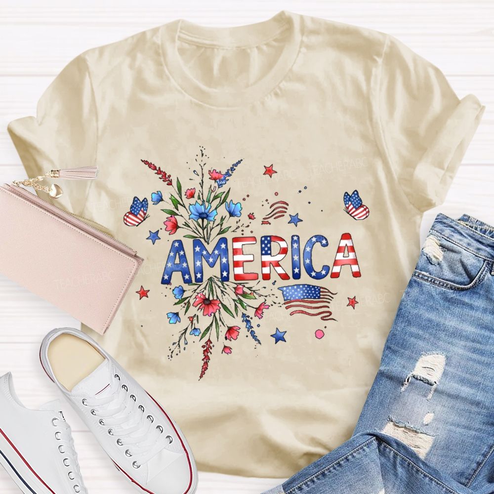America Stars Flowers Letters Teacher T-shirt
