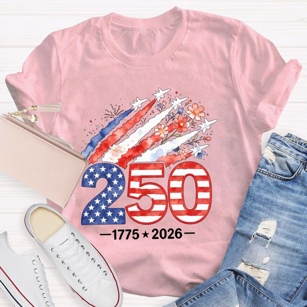 250 years Flowers Airplane Graphics Teacher T-shirt