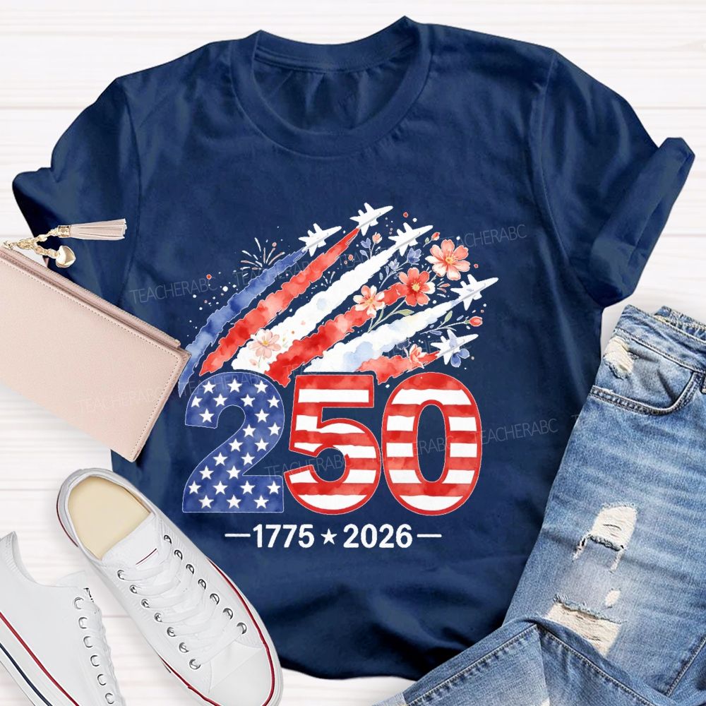 250 years Flowers Airplane Graphics Teacher T-shirt