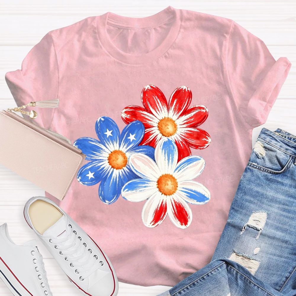 Independence Day Flowers Stars Patterns Teacher T-shirt