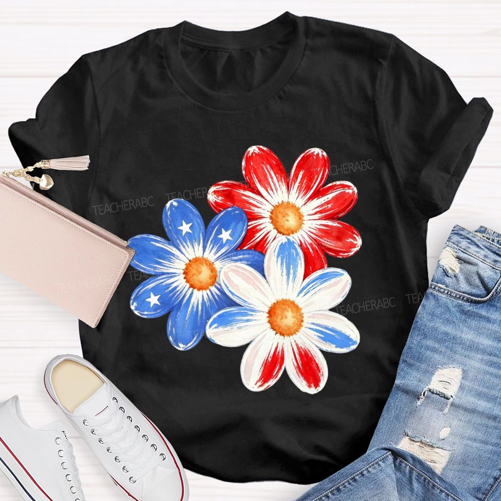 Independence Day Flowers Stars Patterns Teacher T-shirt