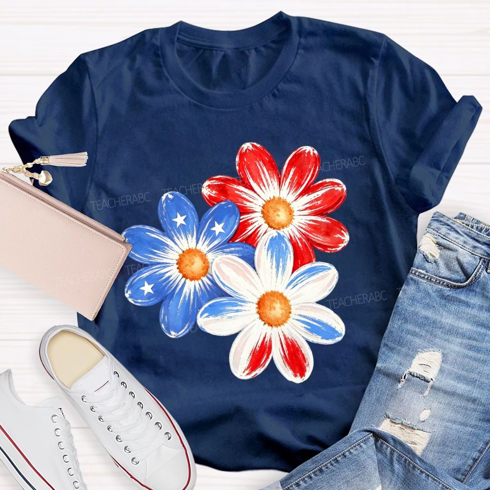 Independence Day Flowers Stars Patterns Teacher T-shirt