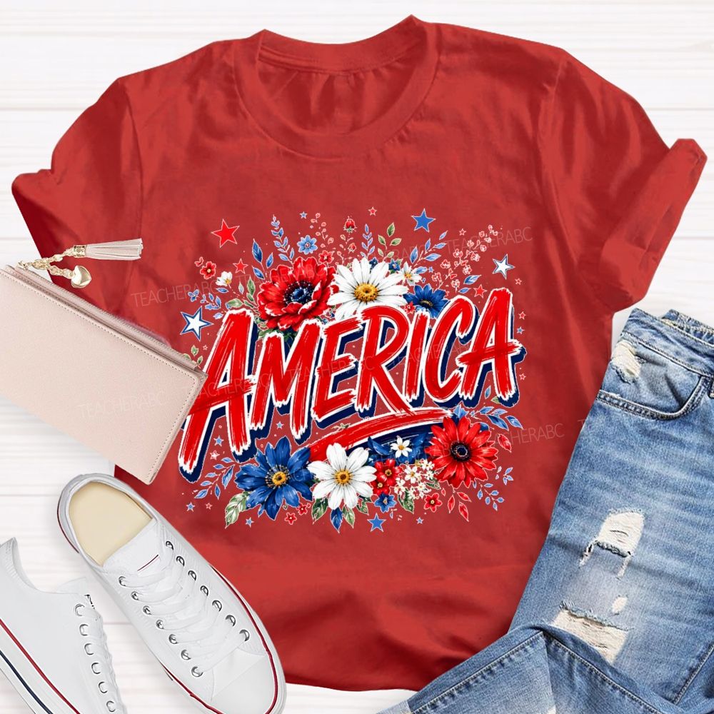 America Colorful Flowers Graphics Teacher T-shirt