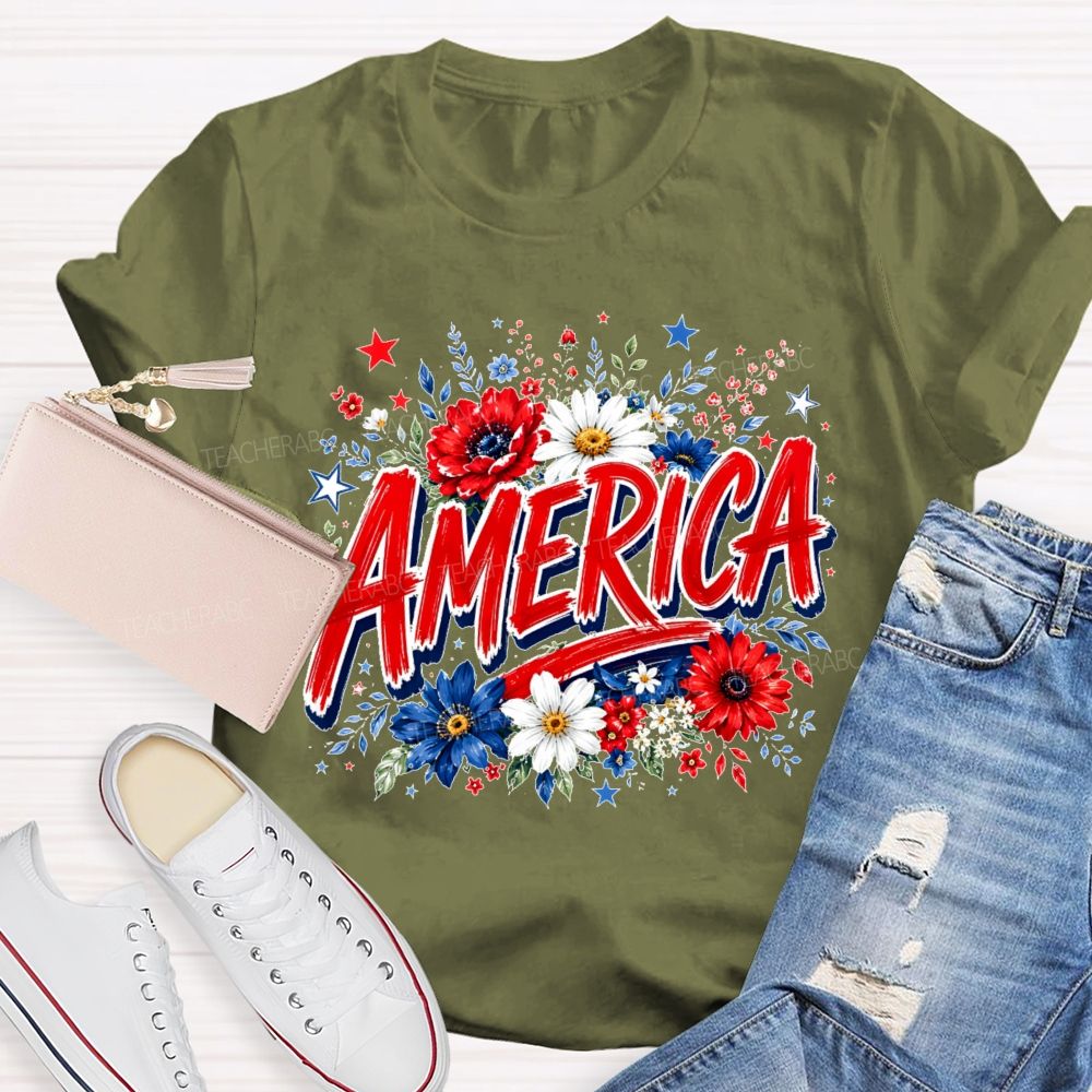 America Colorful Flowers Graphics Teacher T-shirt
