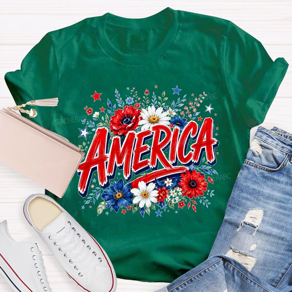 America Colorful Flowers Graphics Teacher T-shirt