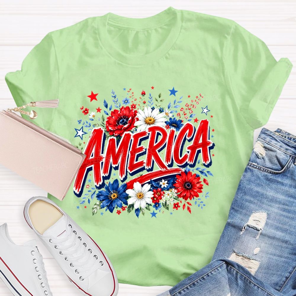 America Colorful Flowers Graphics Teacher T-shirt