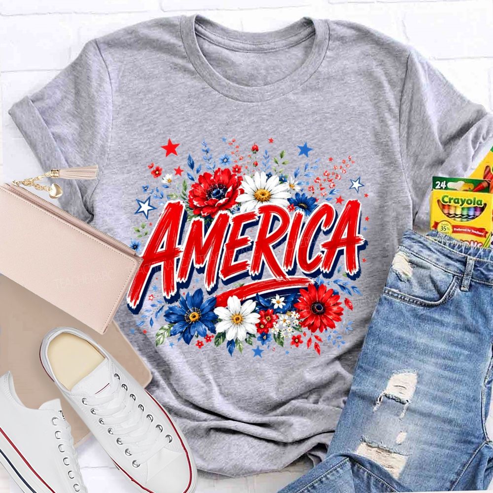 America Colorful Flowers Graphics Teacher T-shirt