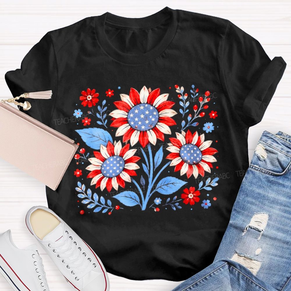 Sunflower Stars Independence Day Teacher T-shirt