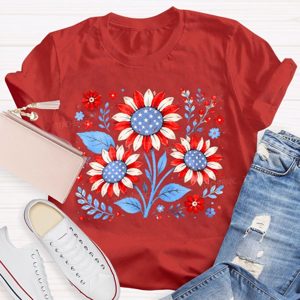 Sunflower Stars Independence Day Teacher T-shirt
