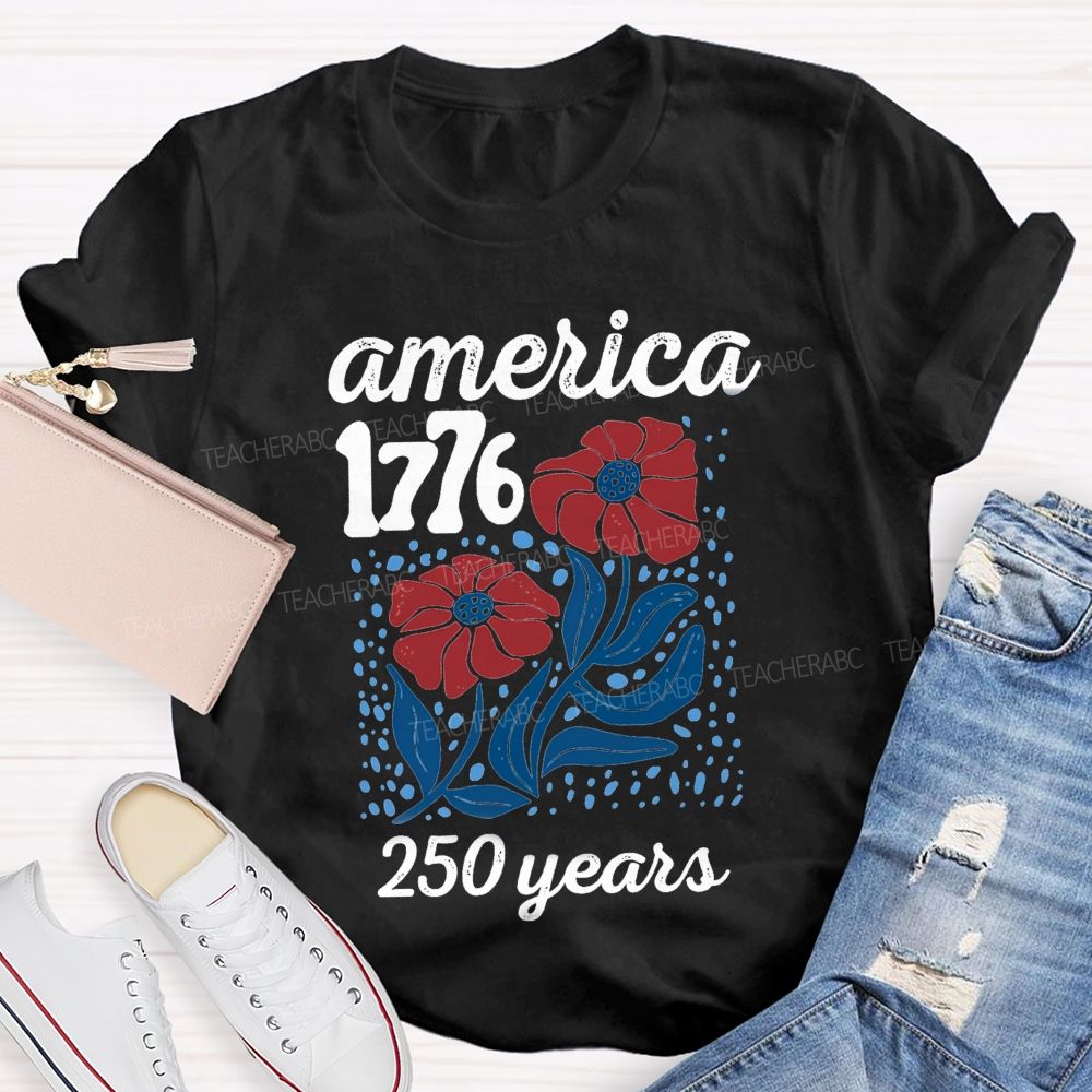 American 1776 Floral Blue Red Teacher T-shirt