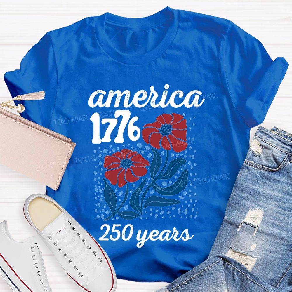 American 1776 Floral Blue Red Teacher T-shirt