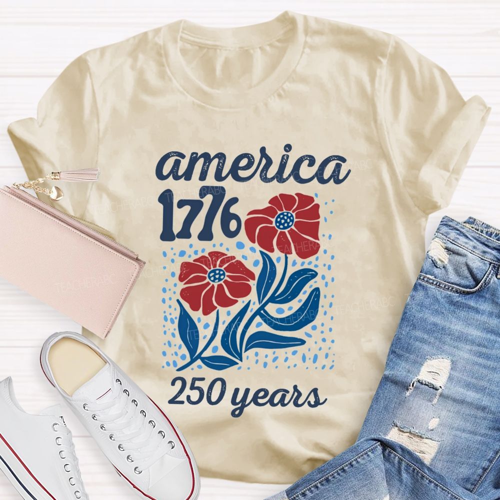 American 1776 Floral Blue Red Teacher T-shirt