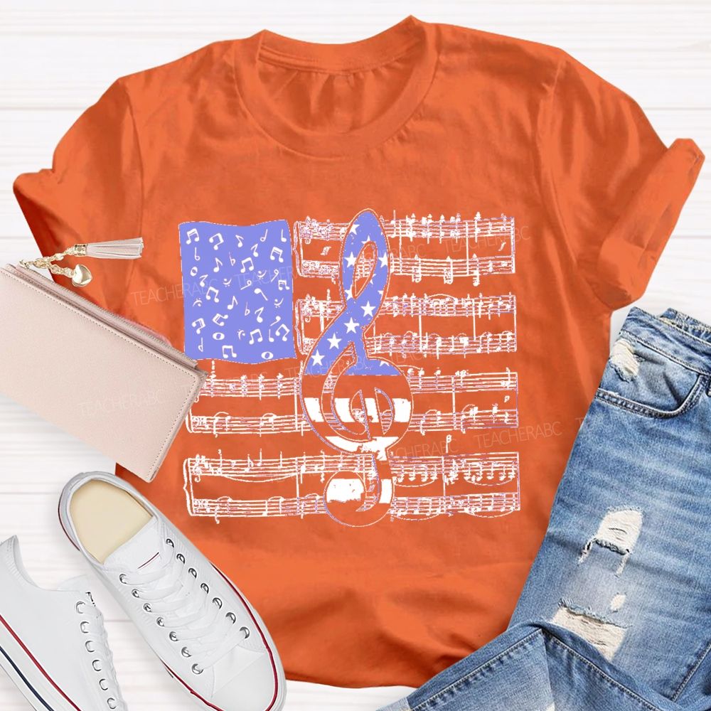 Musical Note Flag Independence Day Pattern Teacher T-shirt