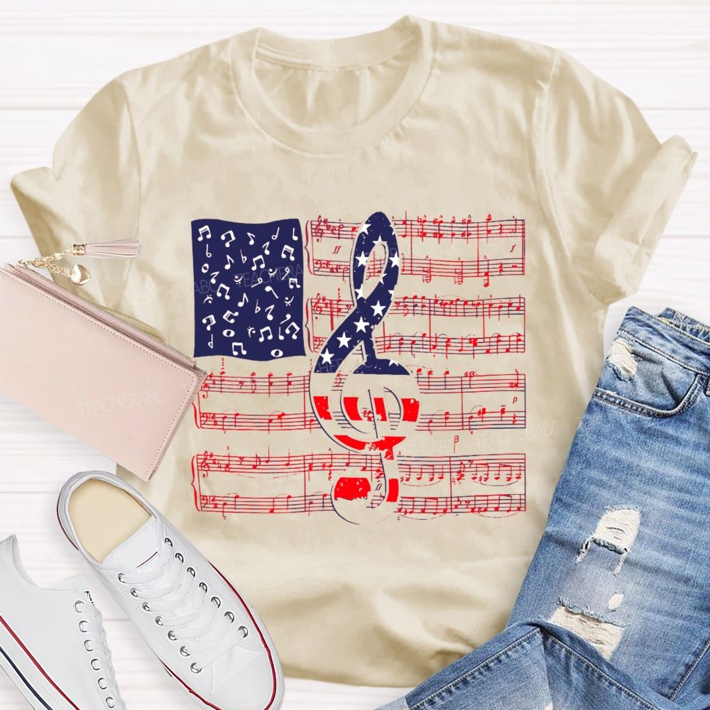 Musical Note Flag Independence Day Pattern Teacher T-shirt