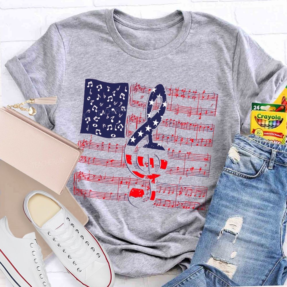 Musical Note Flag Independence Day Pattern Teacher T-shirt