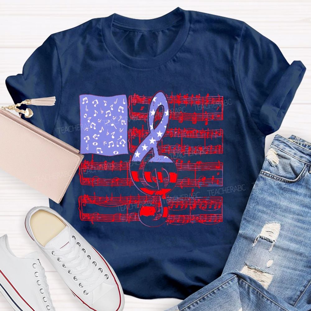 Musical Note Flag Independence Day Pattern Teacher T-shirt