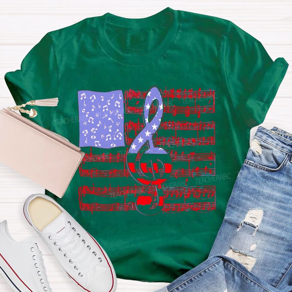 Musical Note Flag Independence Day Pattern Teacher T-shirt