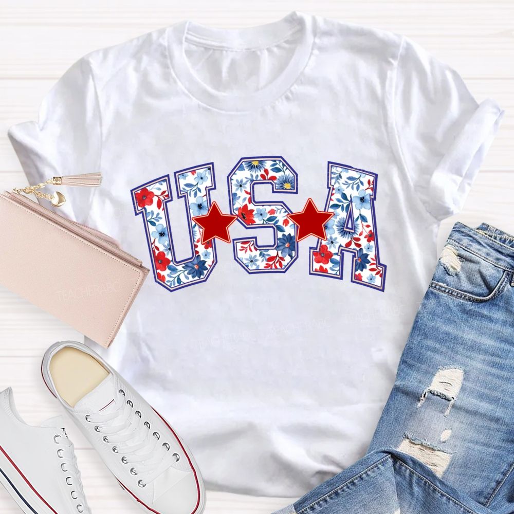 Floral USA Star Teacher T-shirt