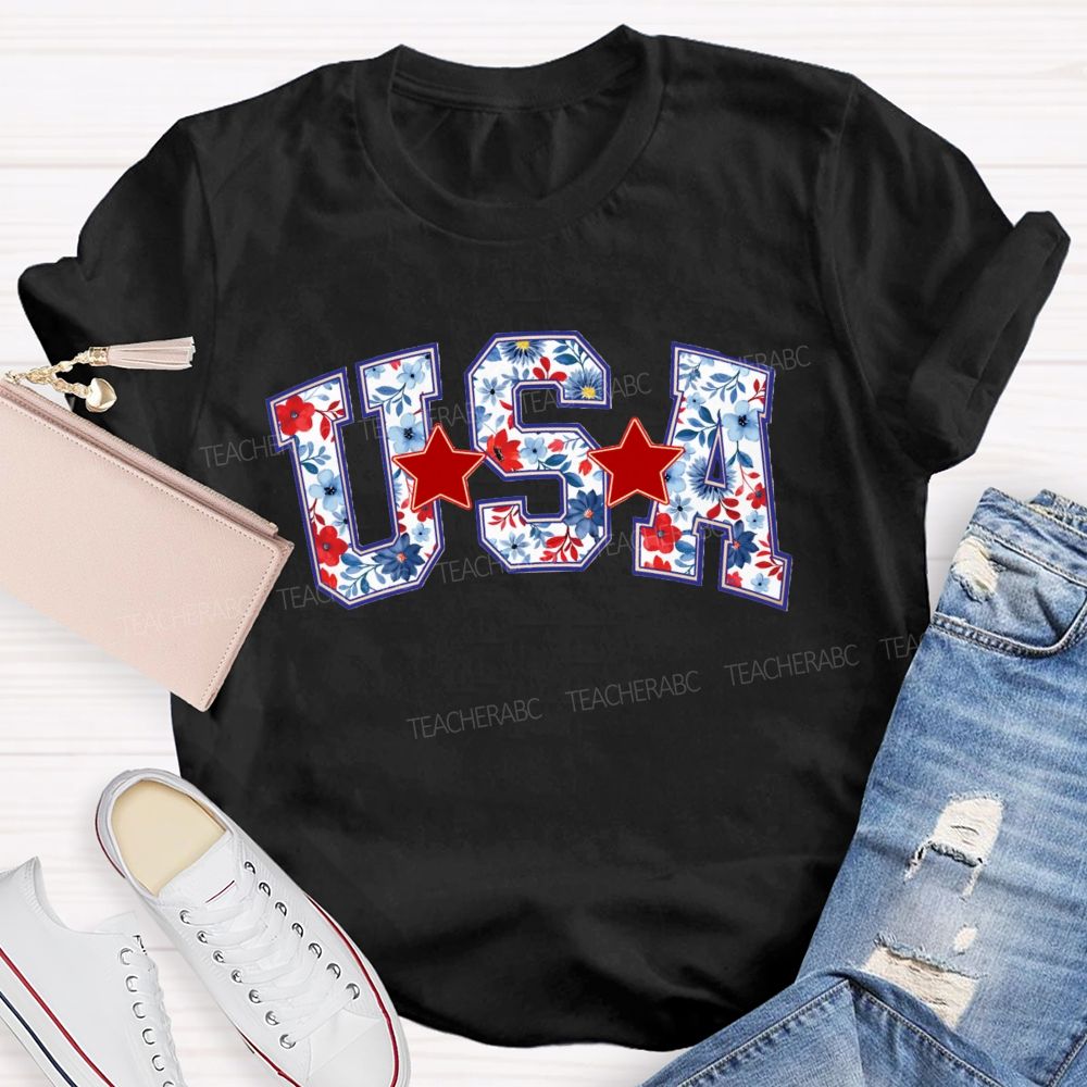Floral USA Star Teacher T-shirt