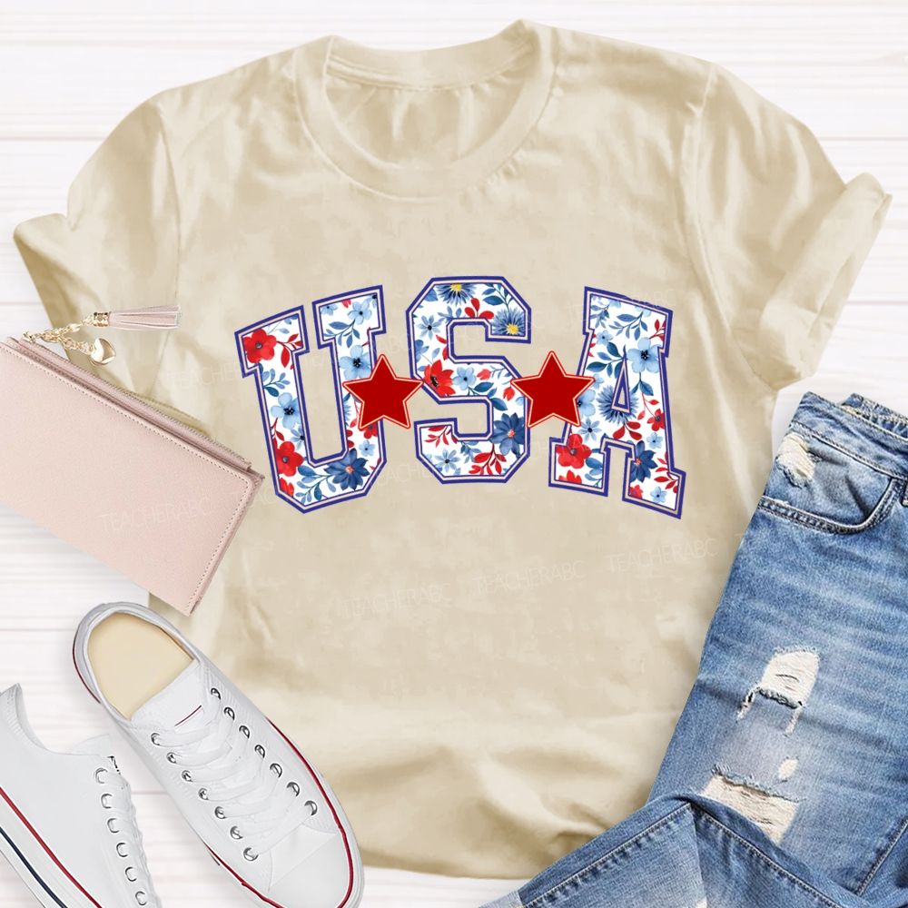 Floral USA Star Teacher T-shirt
