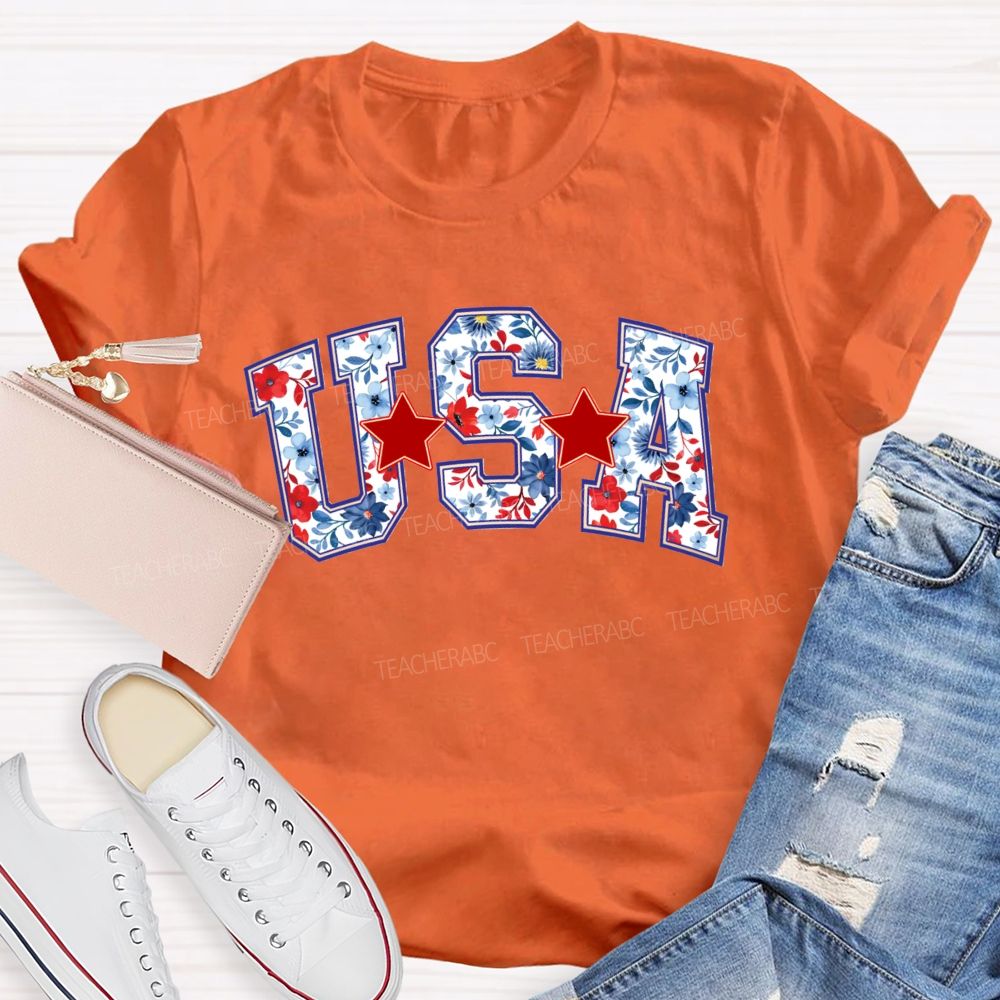 Floral USA Star Teacher T-shirt
