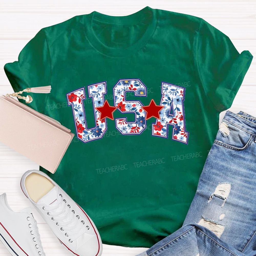 Floral USA Star Teacher T-shirt