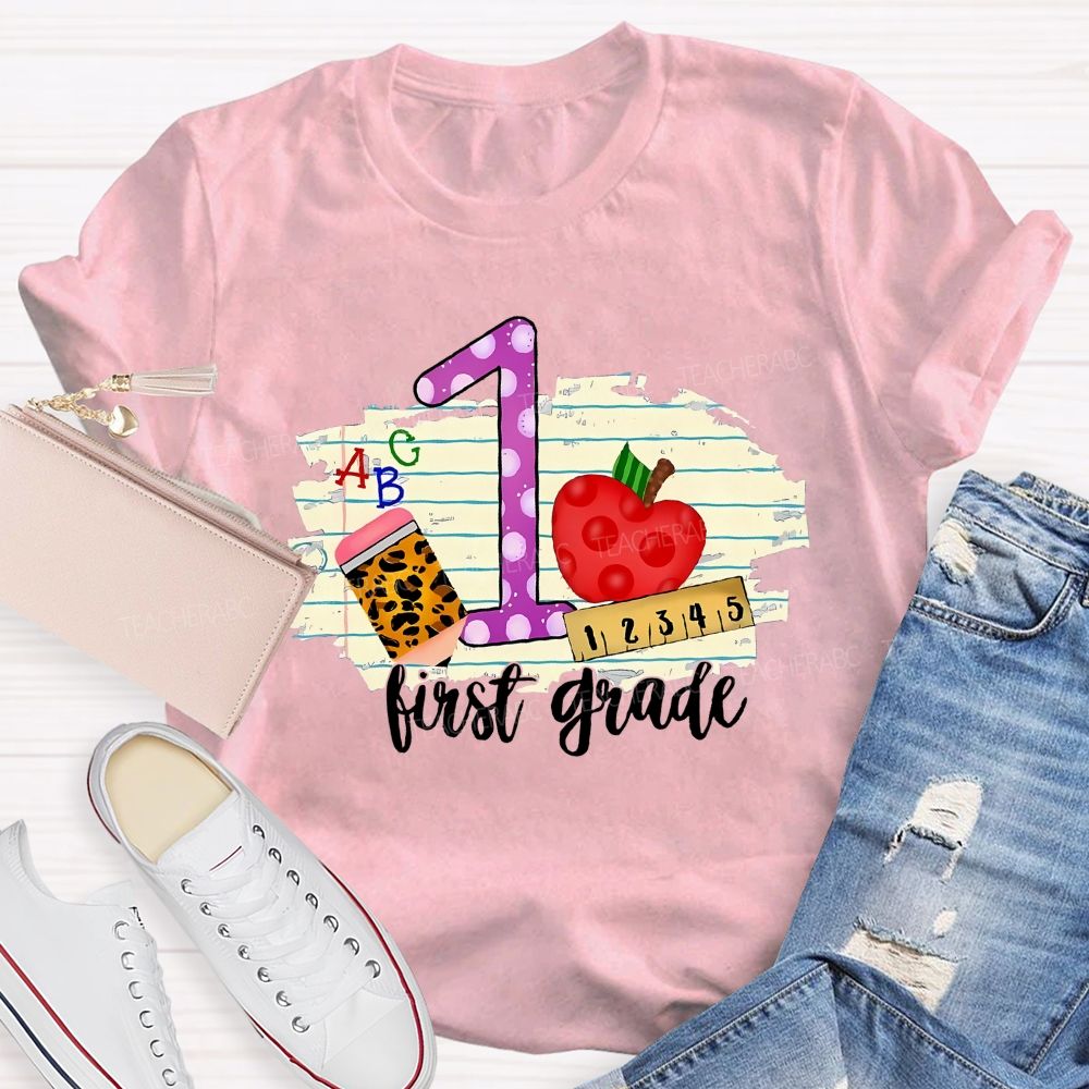 Personalized Grade First Grade Leopard Print Pencil Apple Teacher T-shirt
