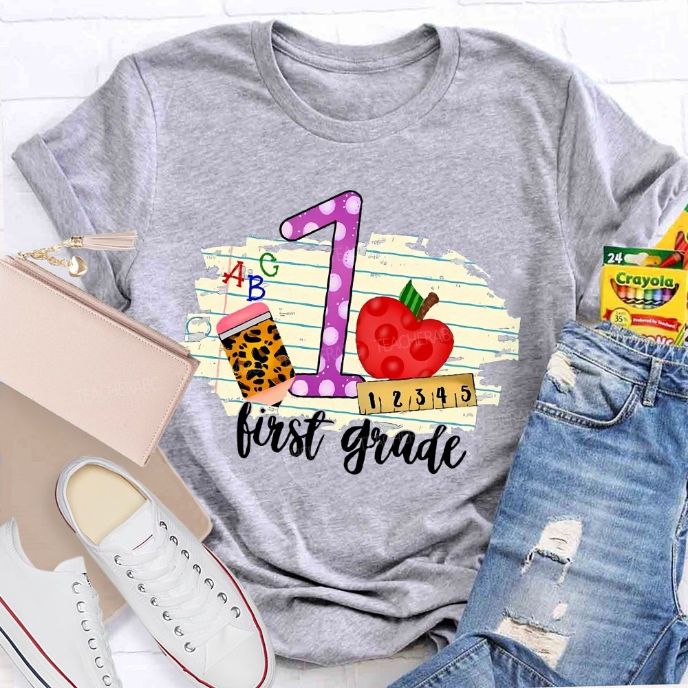 Personalized Grade First Grade Leopard Print Pencil Apple Teacher T-shirt