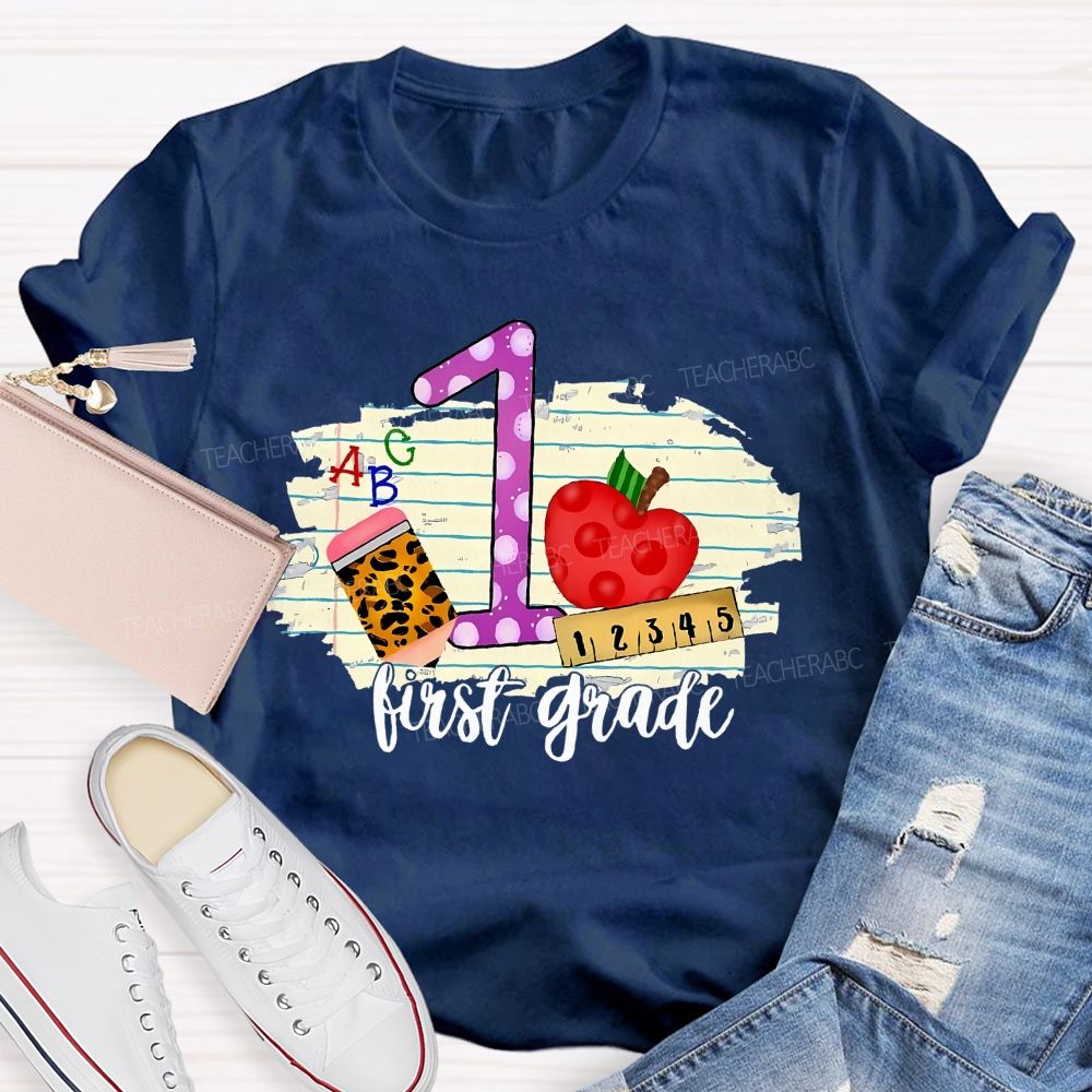 Personalized Grade First Grade Leopard Print Pencil Apple Teacher T-shirt