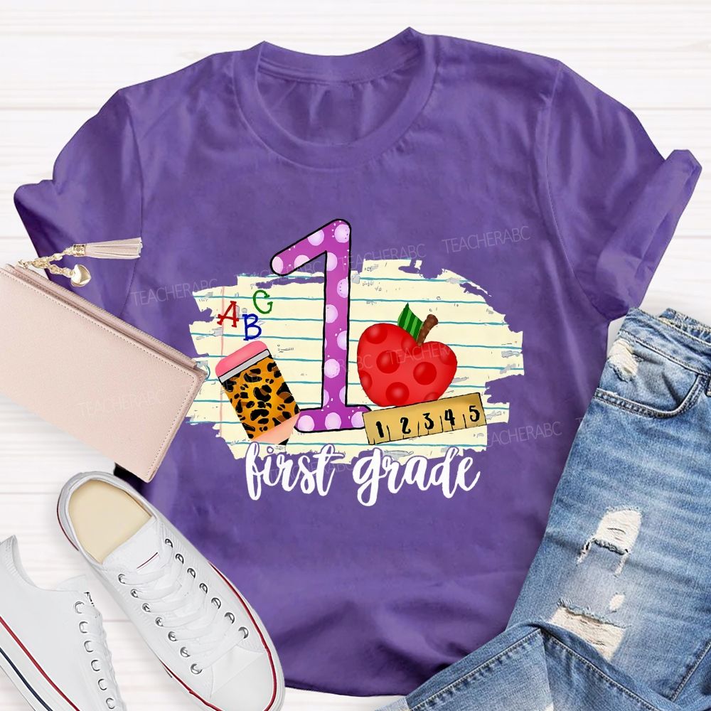 Personalized Grade First Grade Leopard Print Pencil Apple Teacher T-shirt