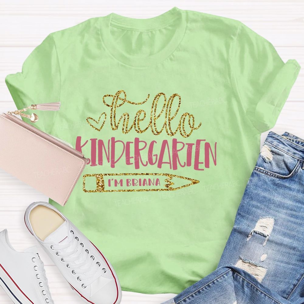 Personalized Name And Grade Hello Kindergarten Letters Teacher T-shirt
