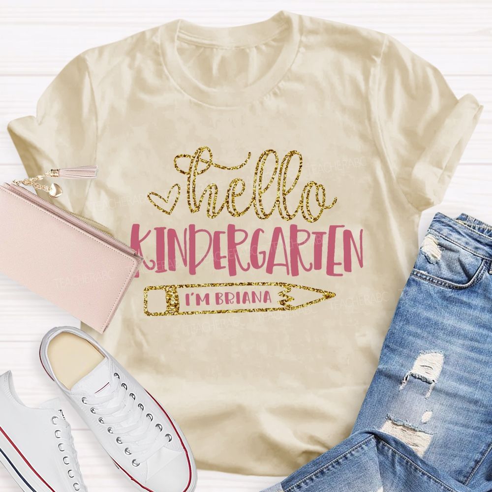 Personalized Name And Grade Hello Kindergarten Letters Teacher T-shirt