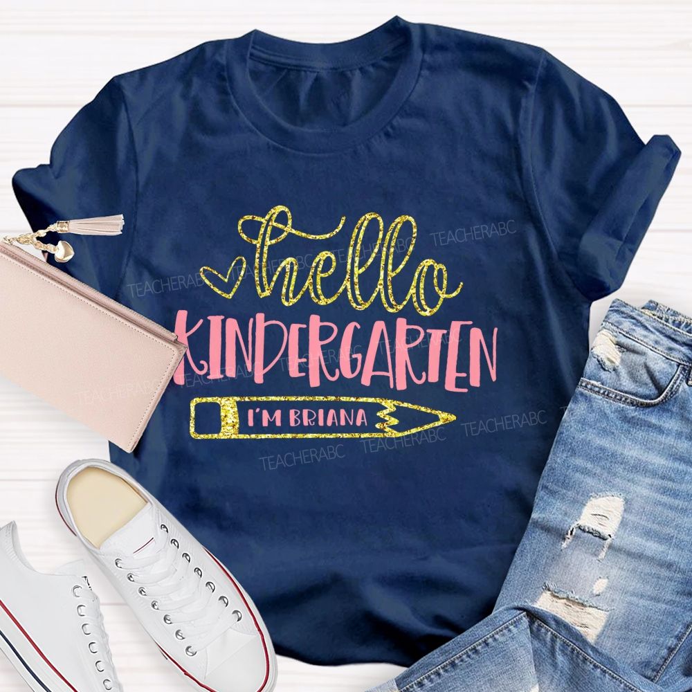 Personalized Name And Grade Hello Kindergarten Letters Teacher T-shirt