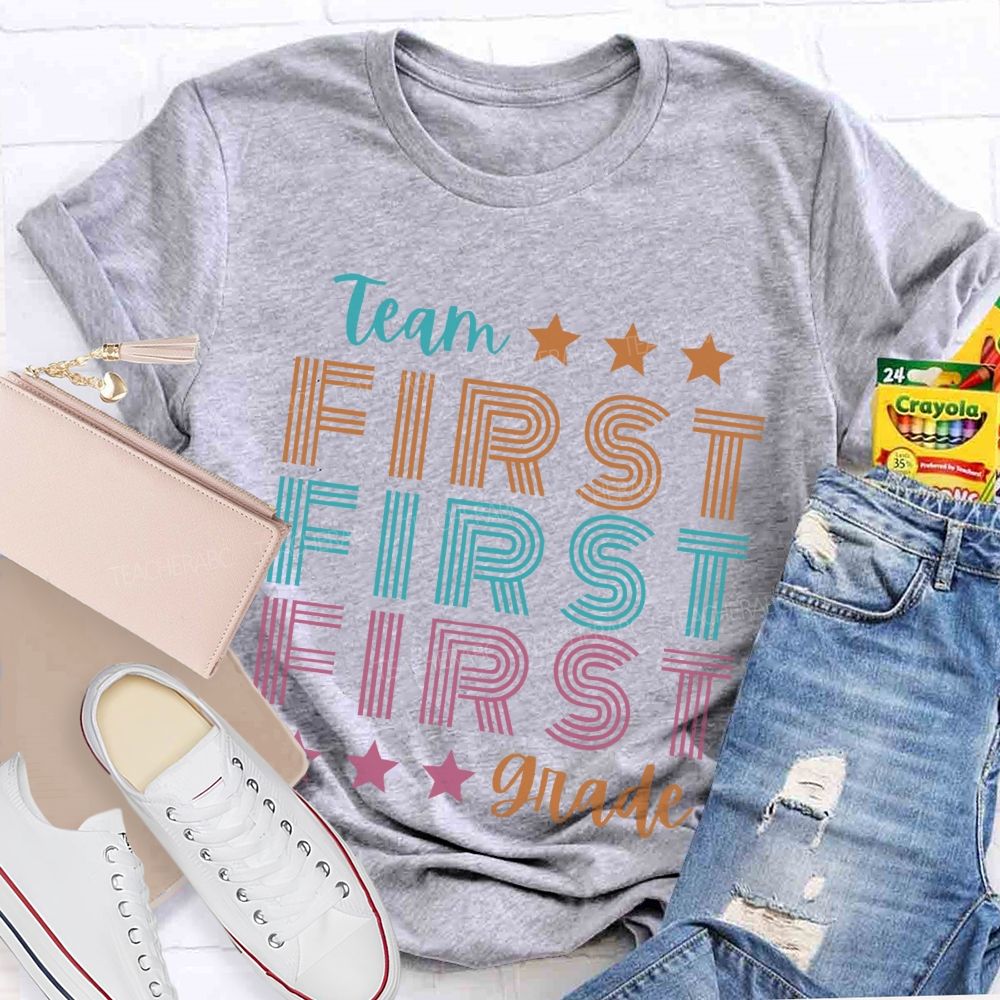 Personalized Grade Team First Grade Colorful Letters Teacher T-shirt