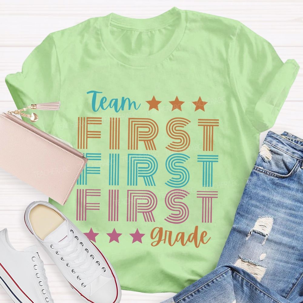 Personalized Grade Team First Grade Colorful Letters Teacher T-shirt