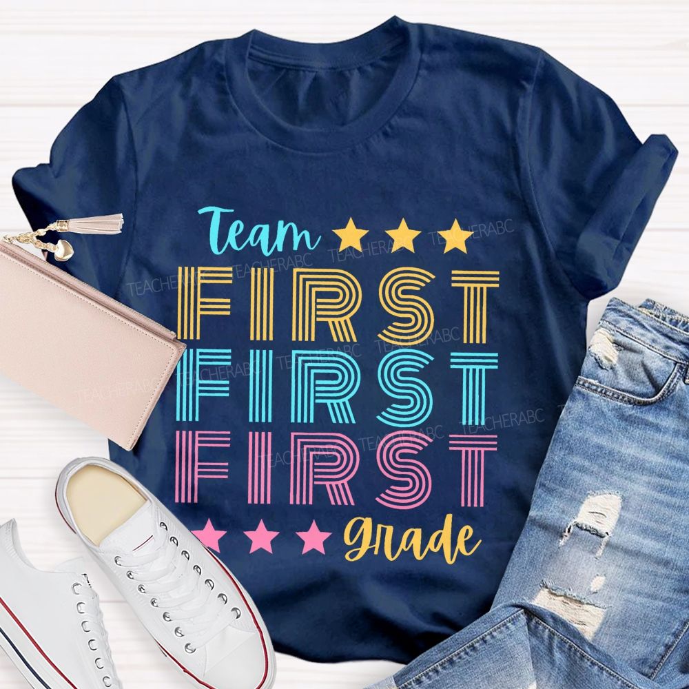 Personalized Grade Team First Grade Colorful Letters Teacher T-shirt