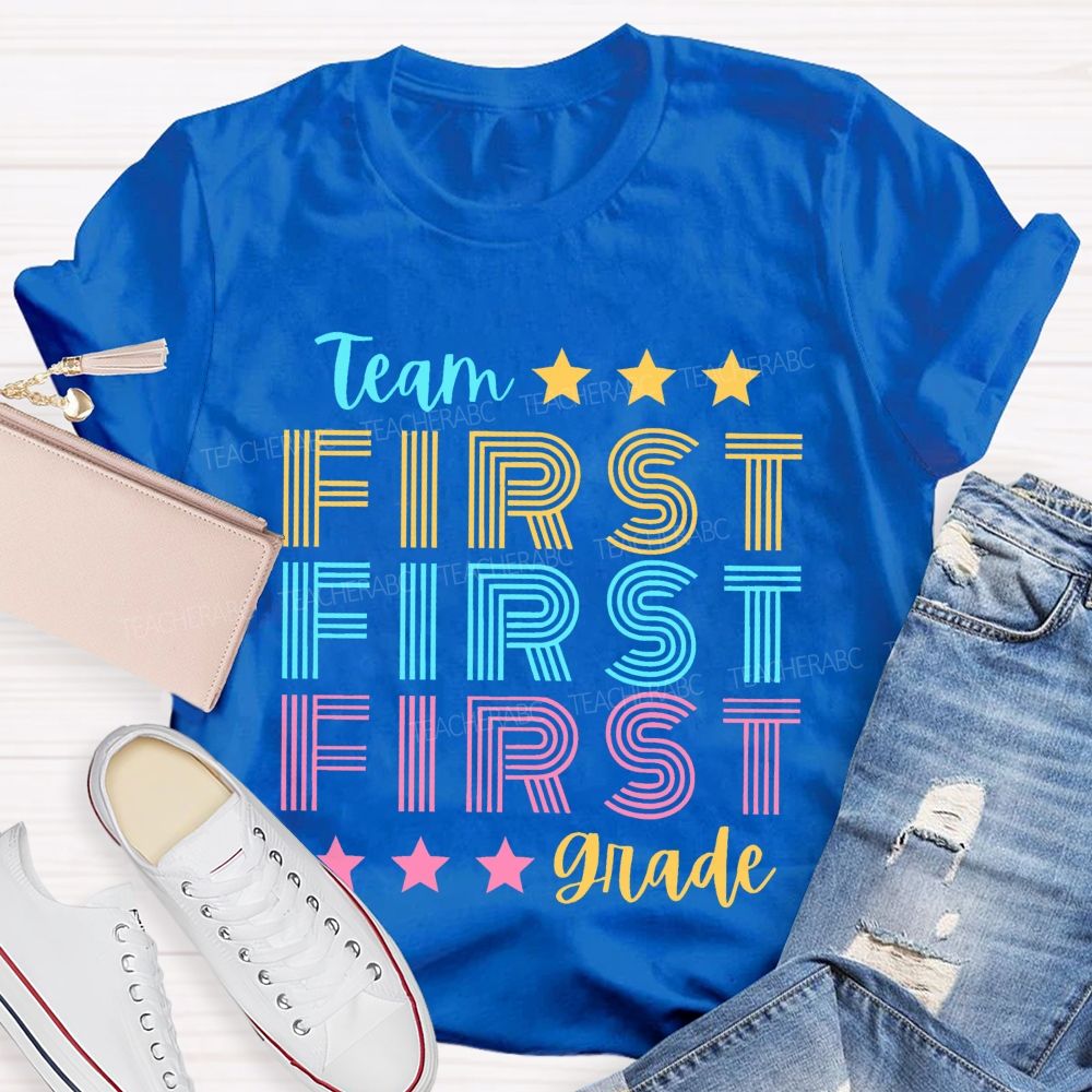 Personalized Grade Team First Grade Colorful Letters Teacher T-shirt