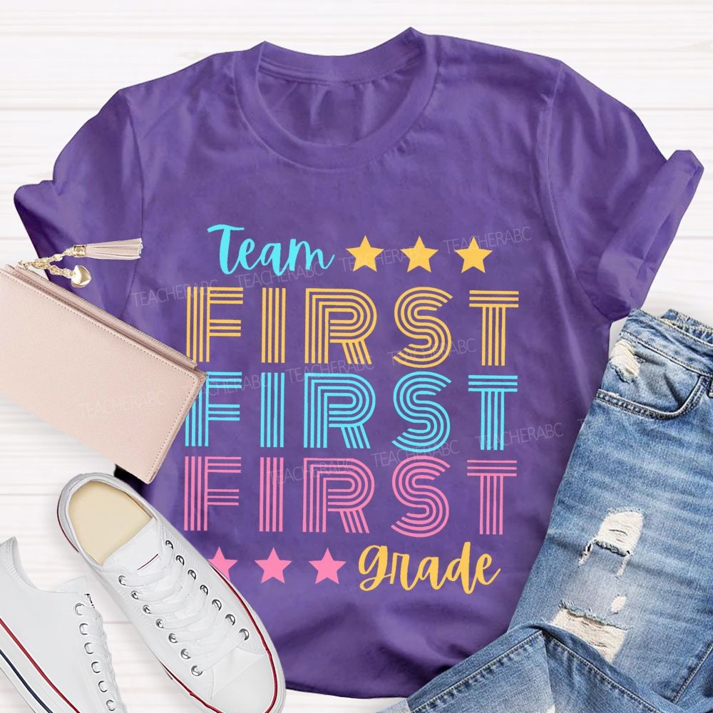 Personalized Grade Team First Grade Colorful Letters Teacher T-shirt