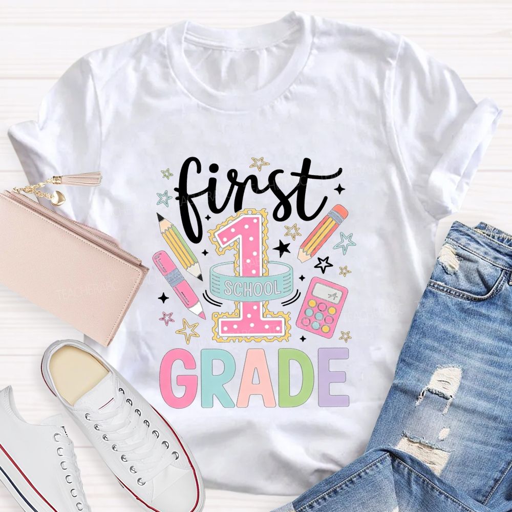 Personalized Grade First Grade Vibes Only Teacher T-shirt