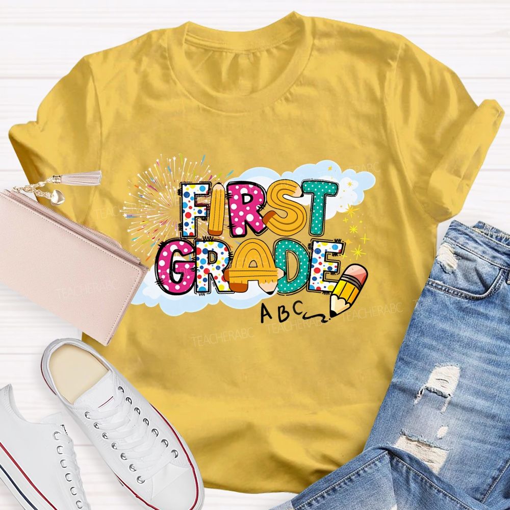 Personalized Grade First Grade Fireworks Letters Teacher T-shirt