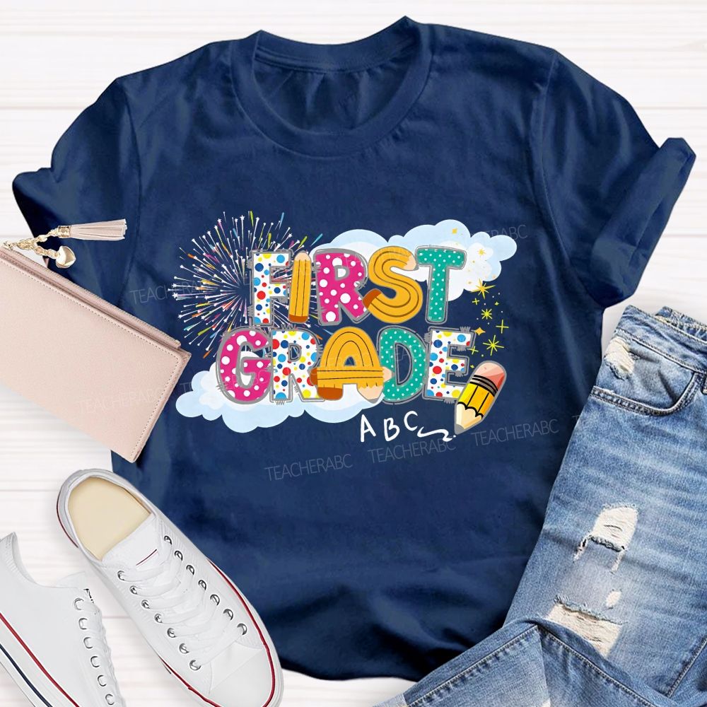 Personalized Grade First Grade Fireworks Letters Teacher T-shirt