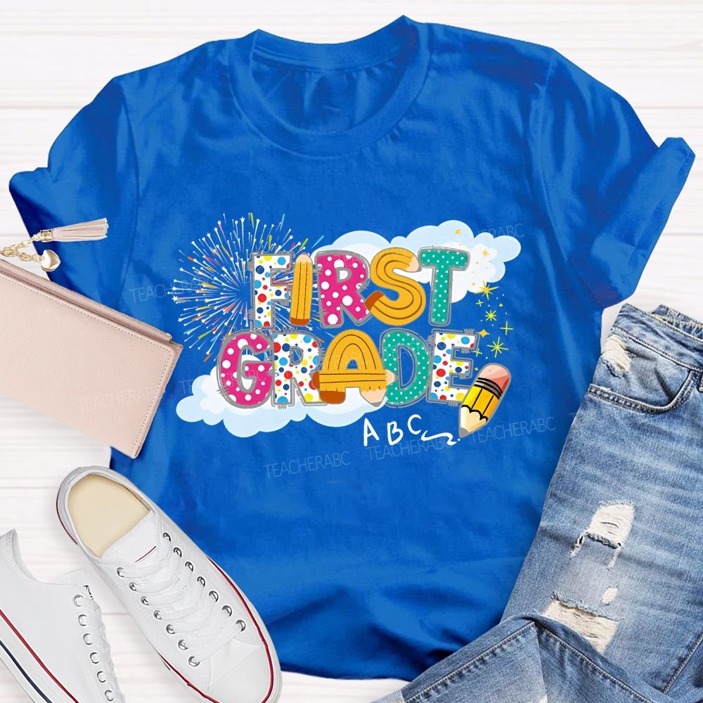 Personalized Grade First Grade Fireworks Letters Teacher T-shirt