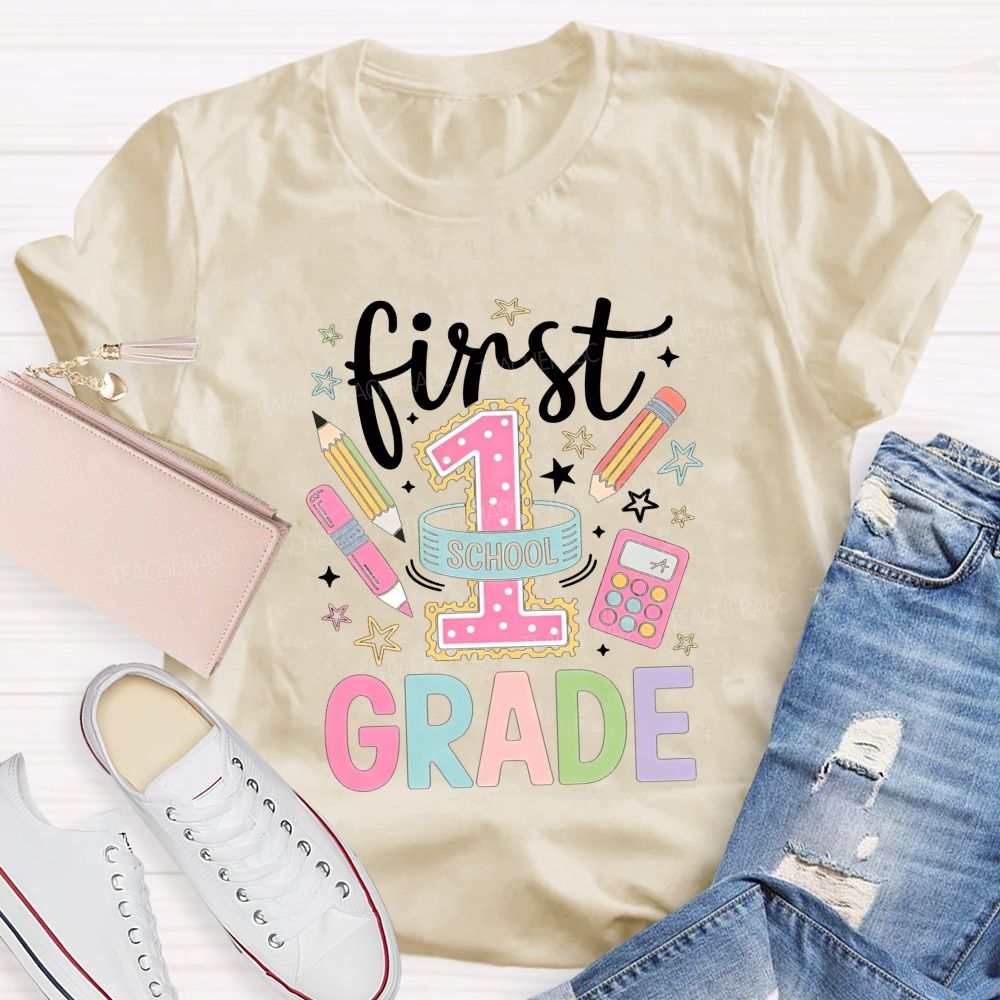 Personalized Grade First Grade Vibes Only Teacher T-shirt