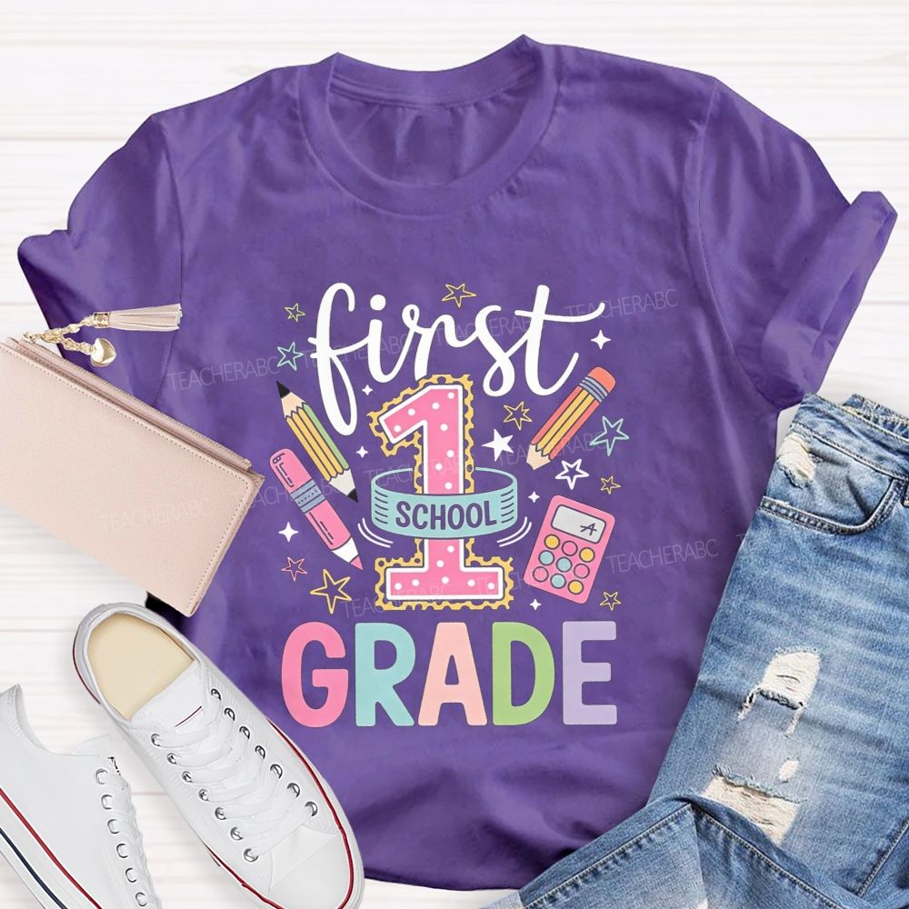 Personalized Grade First Grade Vibes Only Teacher T-shirt