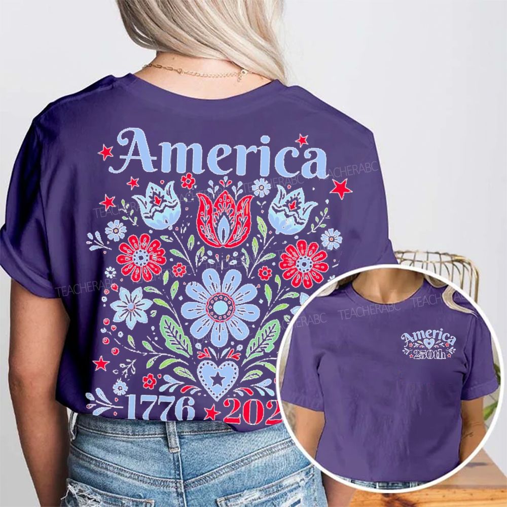 America 250th Flowers Graphics Double Printed T-shirt