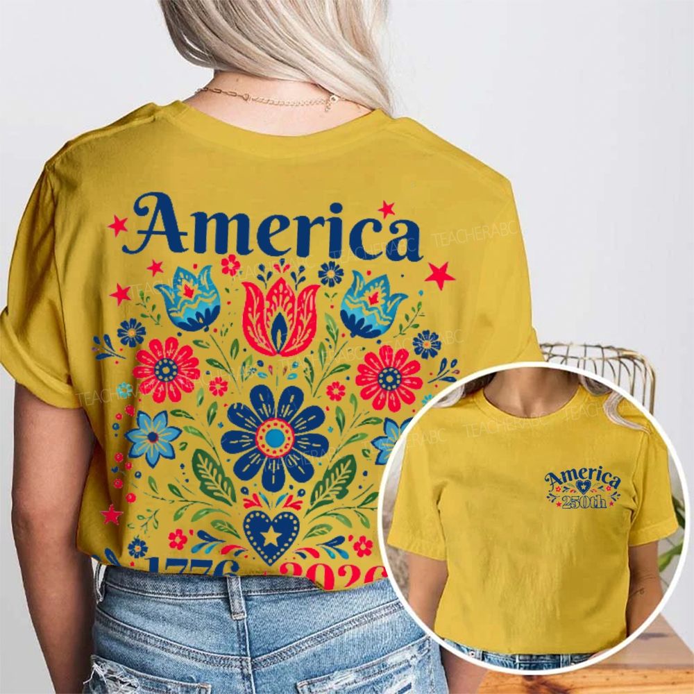 America 250th Flowers Graphics Double Printed T-shirt