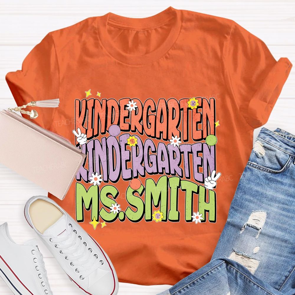Personalized Name And Grade Kindergarten Flowers Graphics Teacher T-shirt