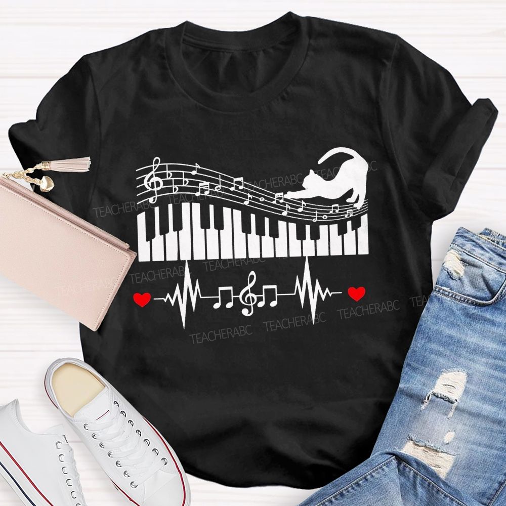 Cat Playing Music Heart Beating To The Beat Teacher T-shirt