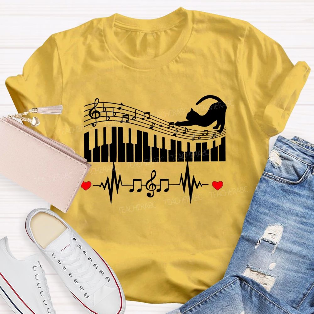 Cat Playing Music Heart Beating To The Beat Teacher T-shirt